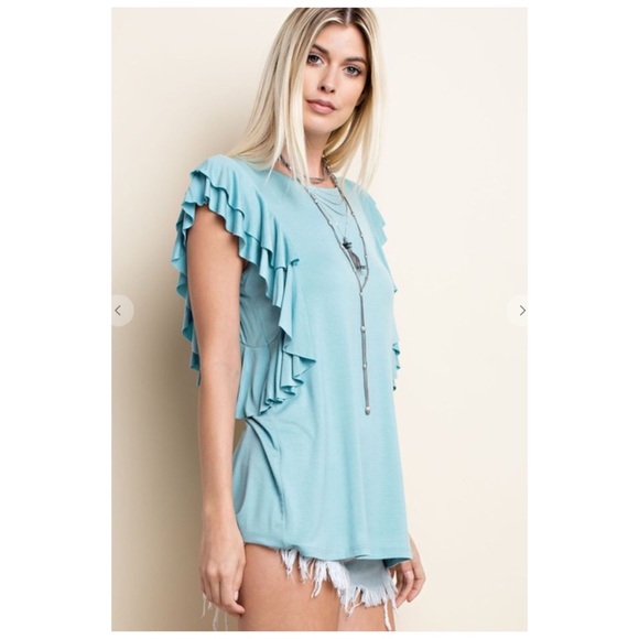 1.4.3. Story by Line Up Tops - Blue Flutter Sleeve Soft Stretchy Sleeveless Tee!